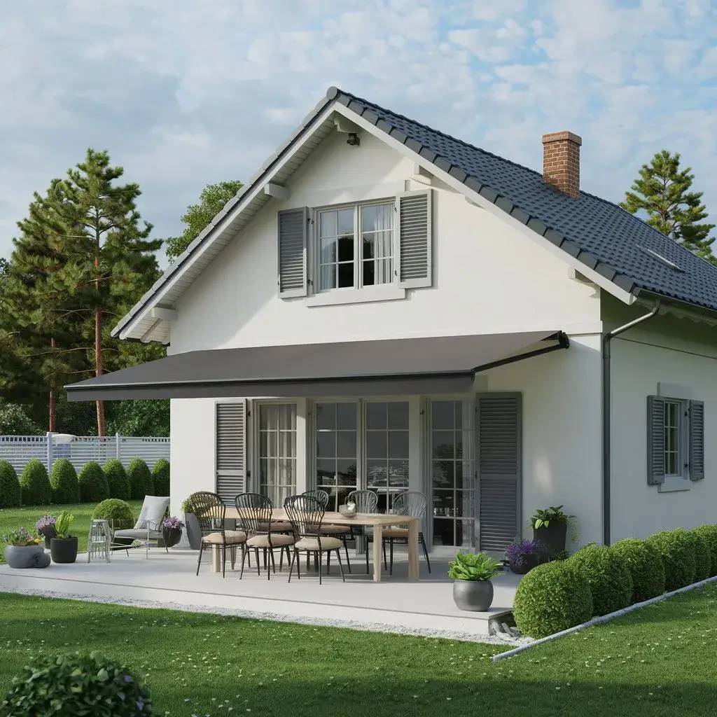 Une maison moderne avec un toit en pente sombre, des volets gris et une terrasse élégante équipée d'un store, entourée d'un jardin verd