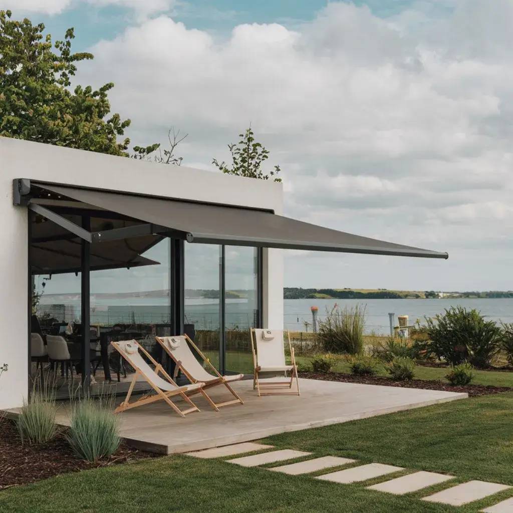 Maison moderne avec terrasse, chaises longues et auvent, offrant une vue panoramique sur un lac sous un ciel nuageux.