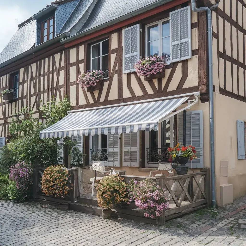 Une charmante maison à colombages avec une terrasse fleurie et un store rayé, typique de l'architecture traditionnelle.