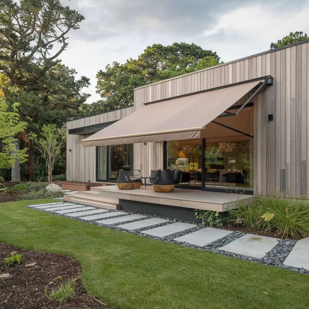 Maison moderne avec terrasse en bois, équipée d'un auvent beige et entourée de verdure.