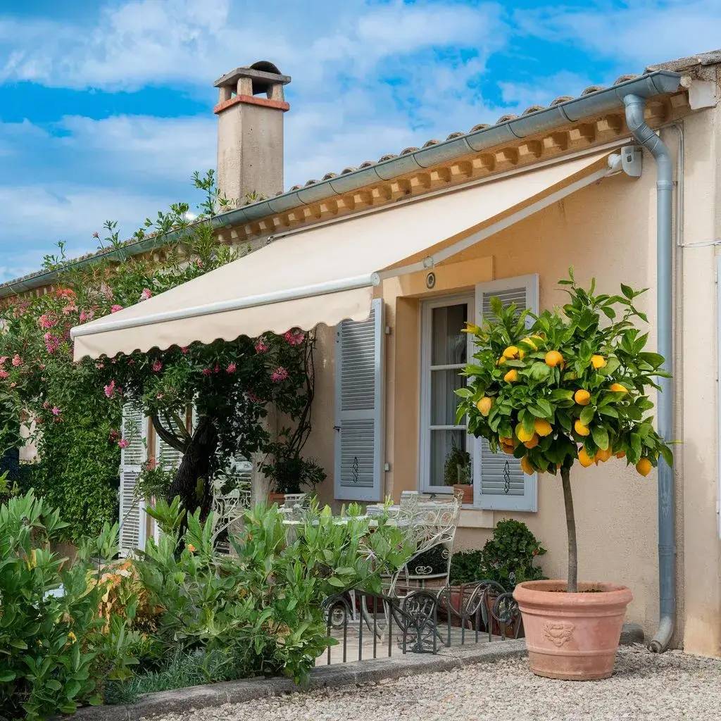 Maison méditerranéenne avec un store beige, des volets bleus et un citronnier en pot sur la terrasse.