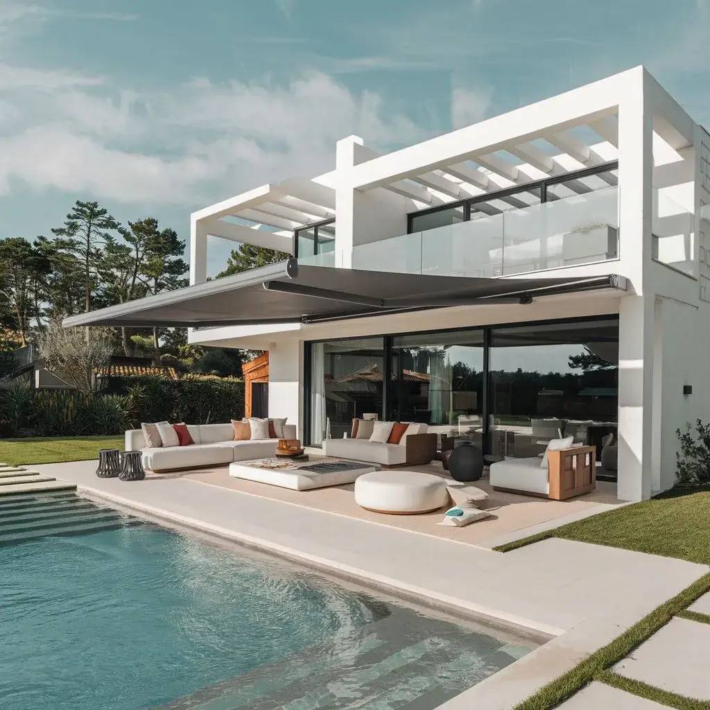 Une villa moderne aux lignes épurées avec une terrasse spacieuse et une piscine scintillante sous un ciel dégagé.
