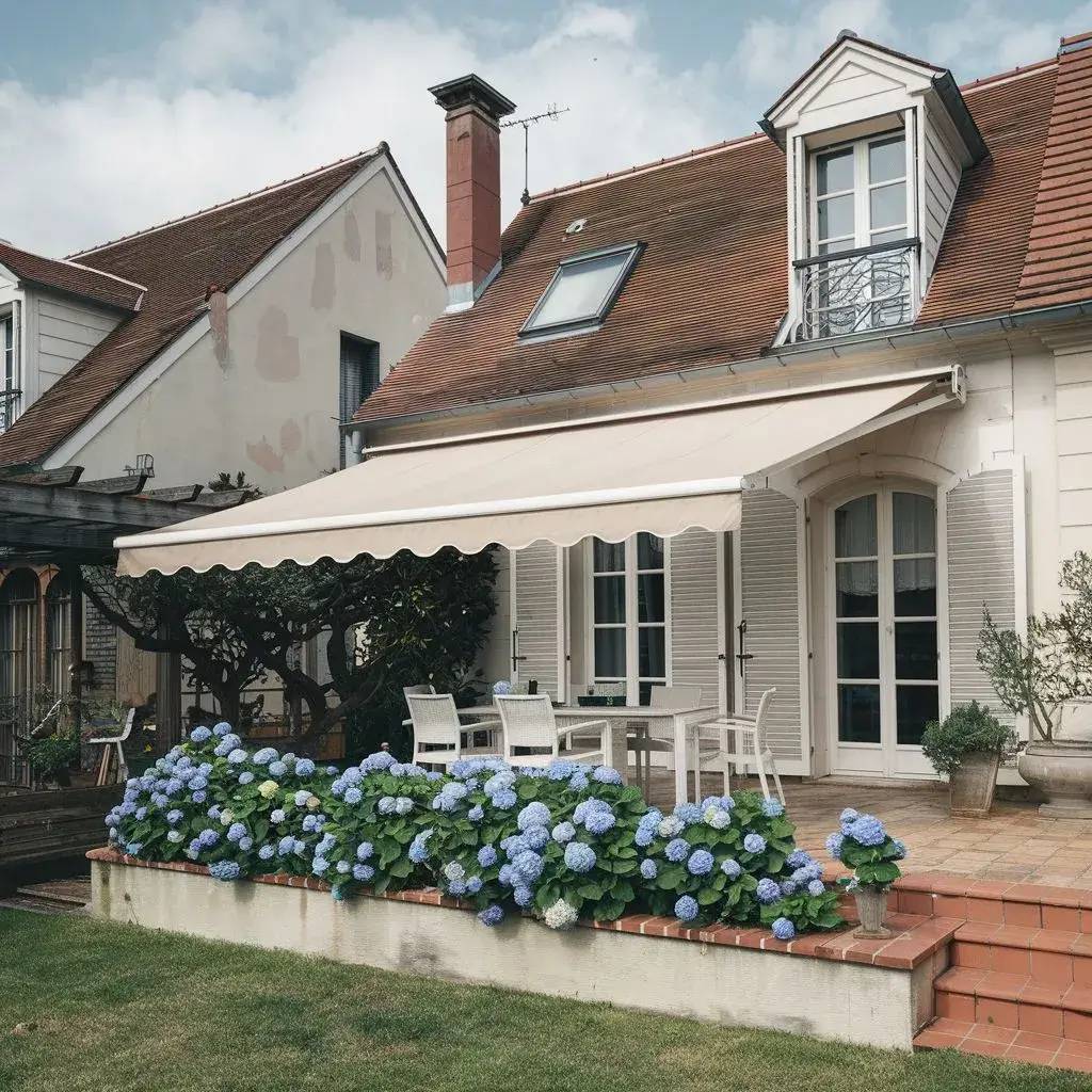 <p>Une maison charmante avec une terrasse ensoleillée, ornée de fleurs bleues et protégée par un store beige.</p>