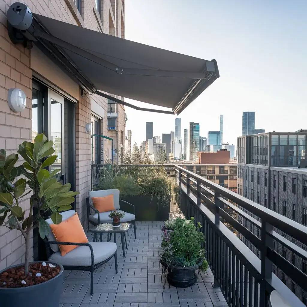 Un balcon moderne avec vue sur la ville, équipé de chaises confortables et décoré de plantes luxuriantes.