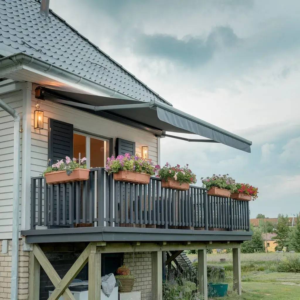 Voici une maison avec un balcon fleuri, équipée d'un auvent et surplombant un espace verdoyant.