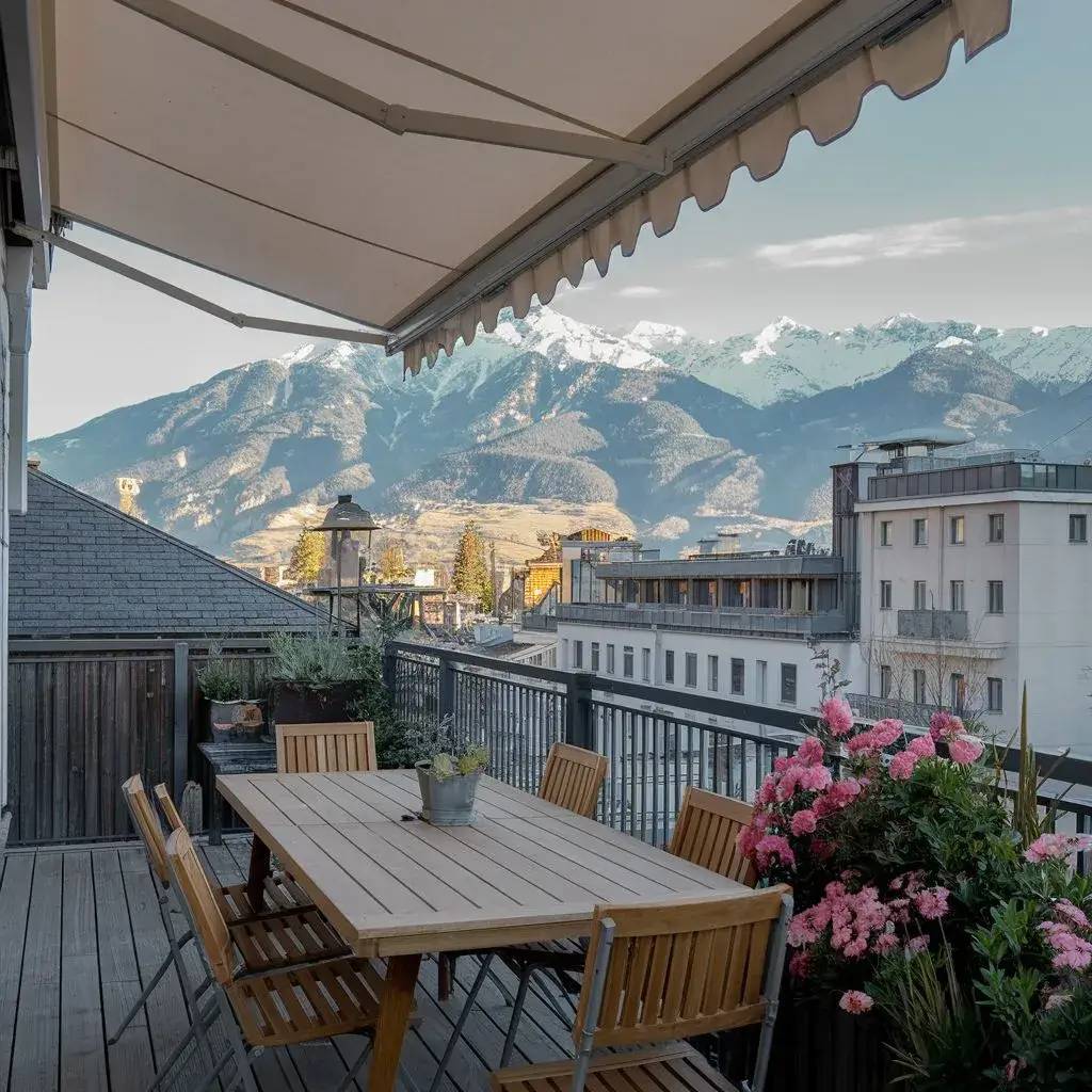 Vue panoramique d'une terrasse avec une table en bois entourée de chaises, offrant une vue imprenable sur les montagnes enneigées à l