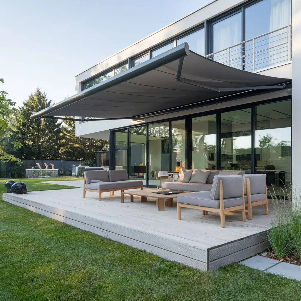 Une terrasse moderne avec un store rétractable, équipée de mobilier de jardin en bois et tissus gris, adossée à une maison contemporaine avec