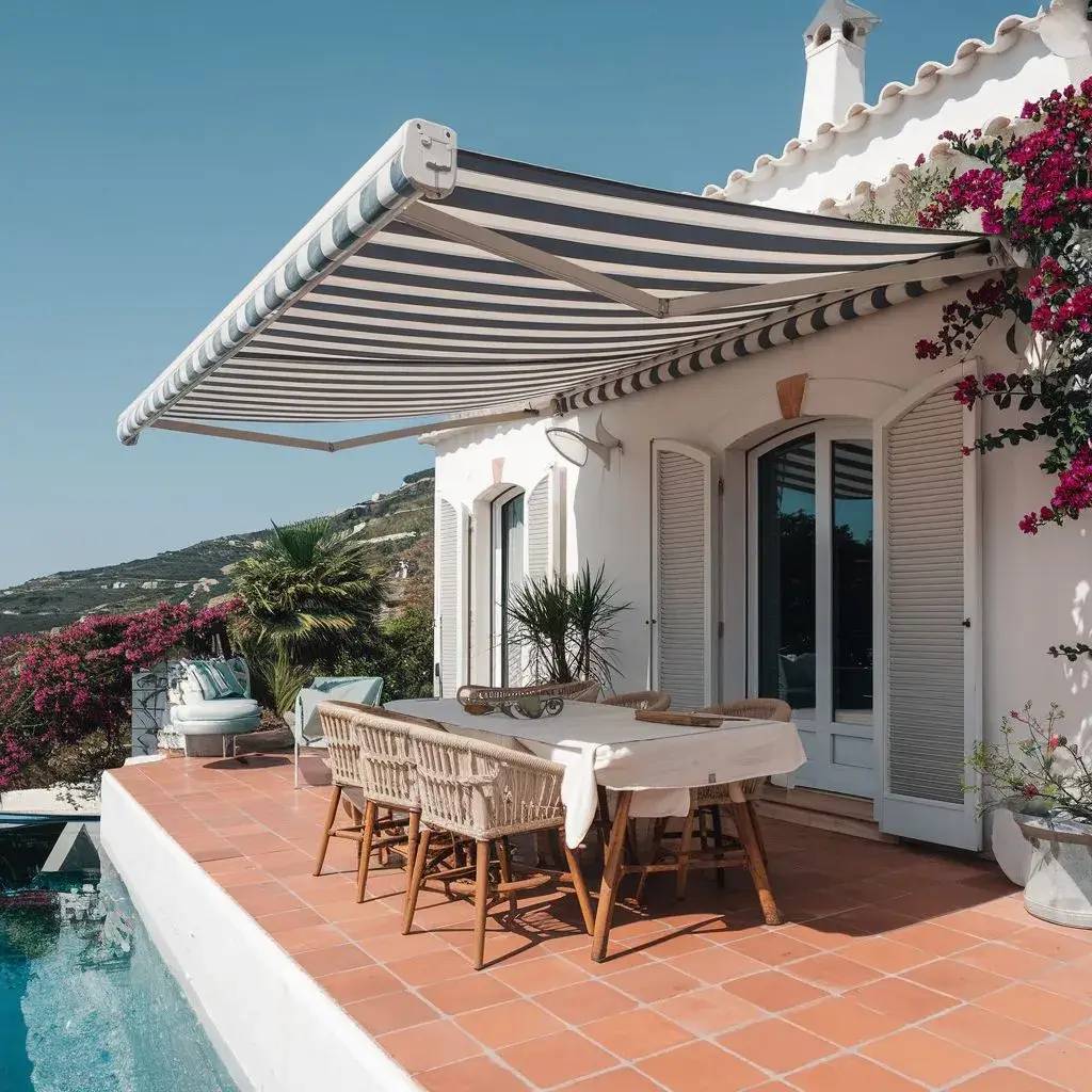 Une terrasse ensoleillée avec une table à manger en rotin et un store rayé, donnant sur une piscine et un paysage pittoresque.