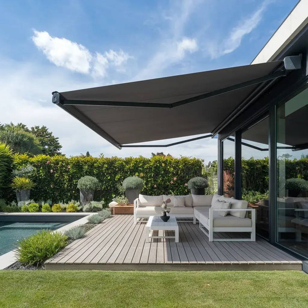 Terrasse moderne avec un store rétractable, mobilier de jardin chic et vue sur une piscine entourée de verdure.