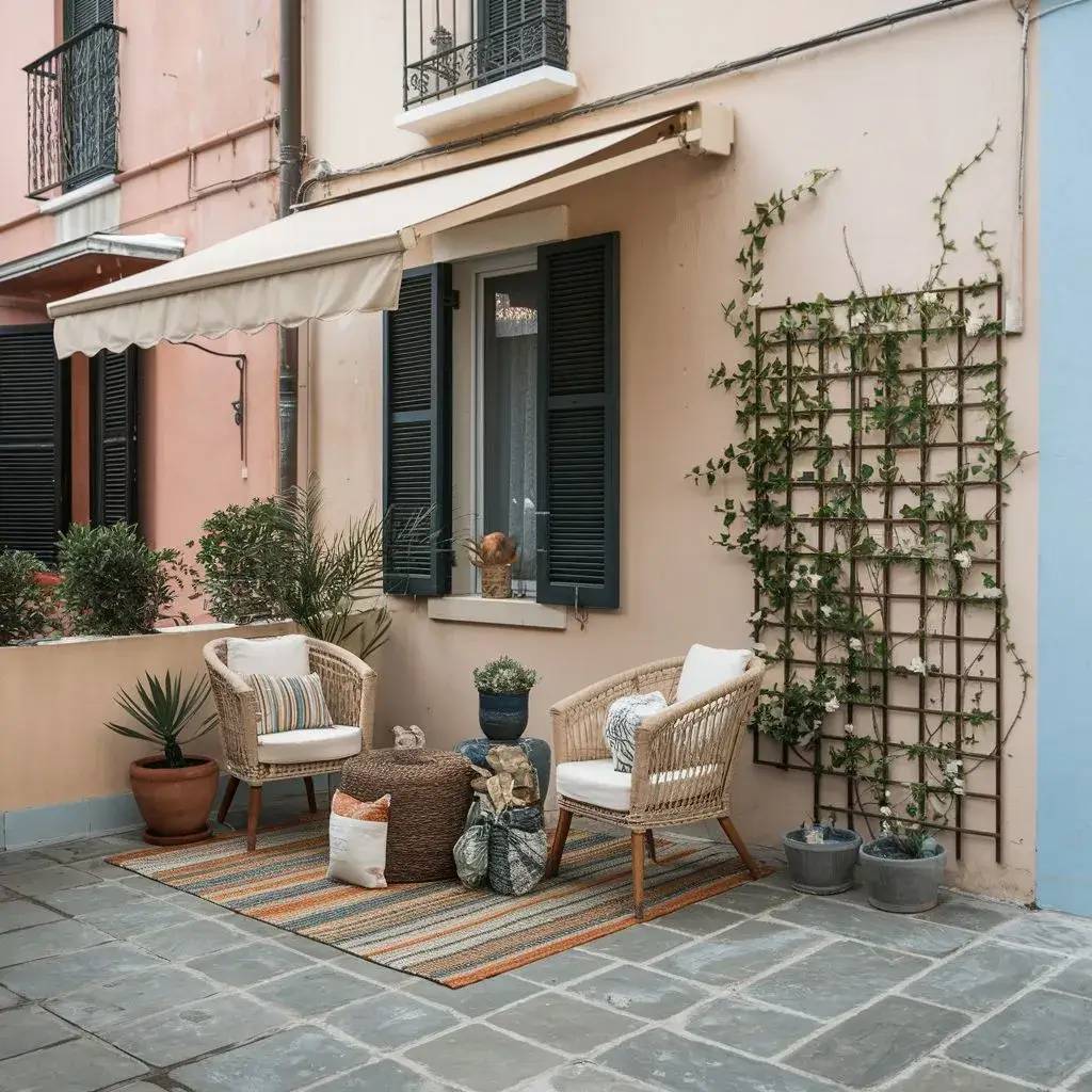 Une terrasse accueillante avec des fauteuils en osier, des plantes en pot, et un store beige, créant un espace extérieur charmant et