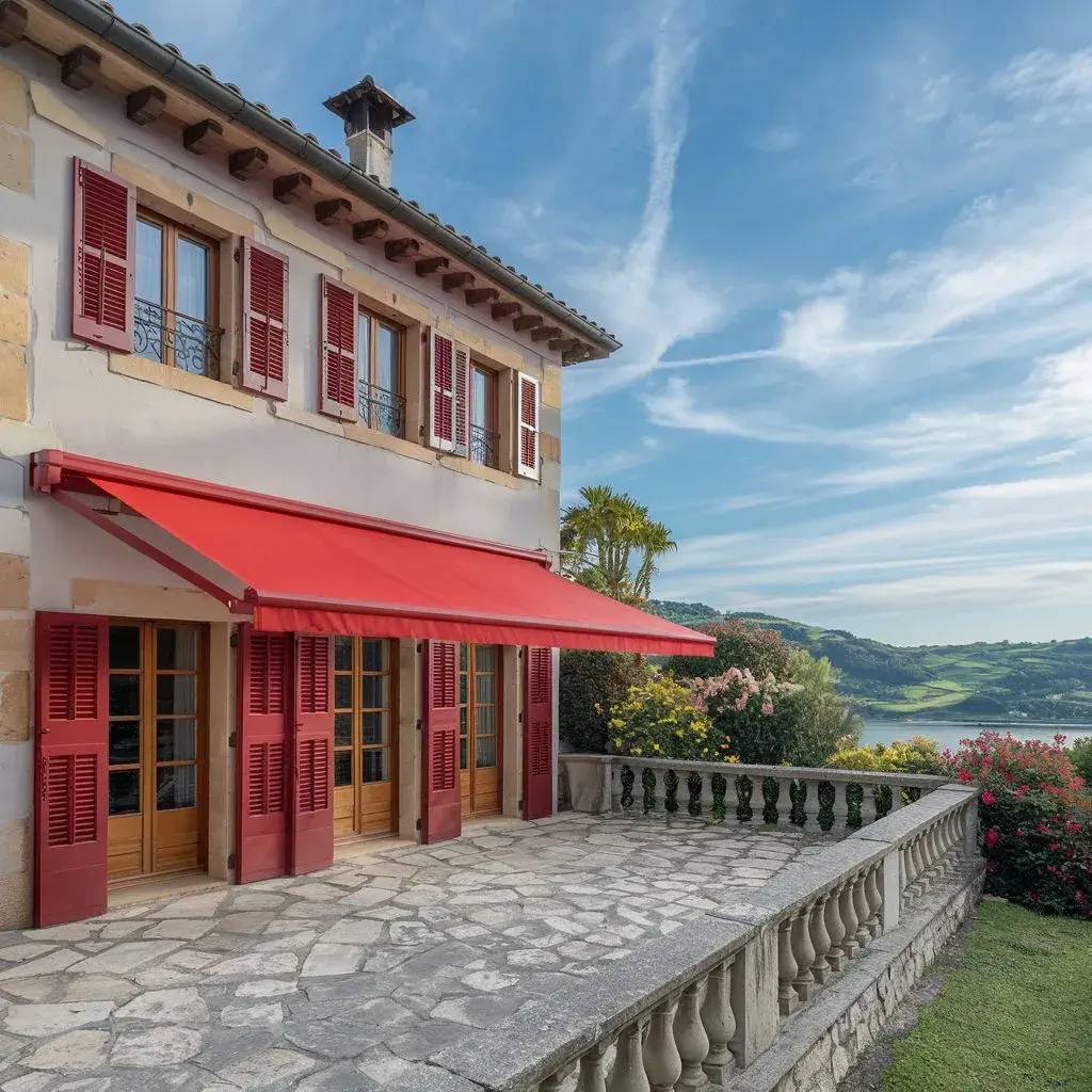 Cette image montre une maison traditionnelle avec des volets rouges et une terrasse en pierre, offrant une vue panoramique sur un paysage verdoyant et un ciel