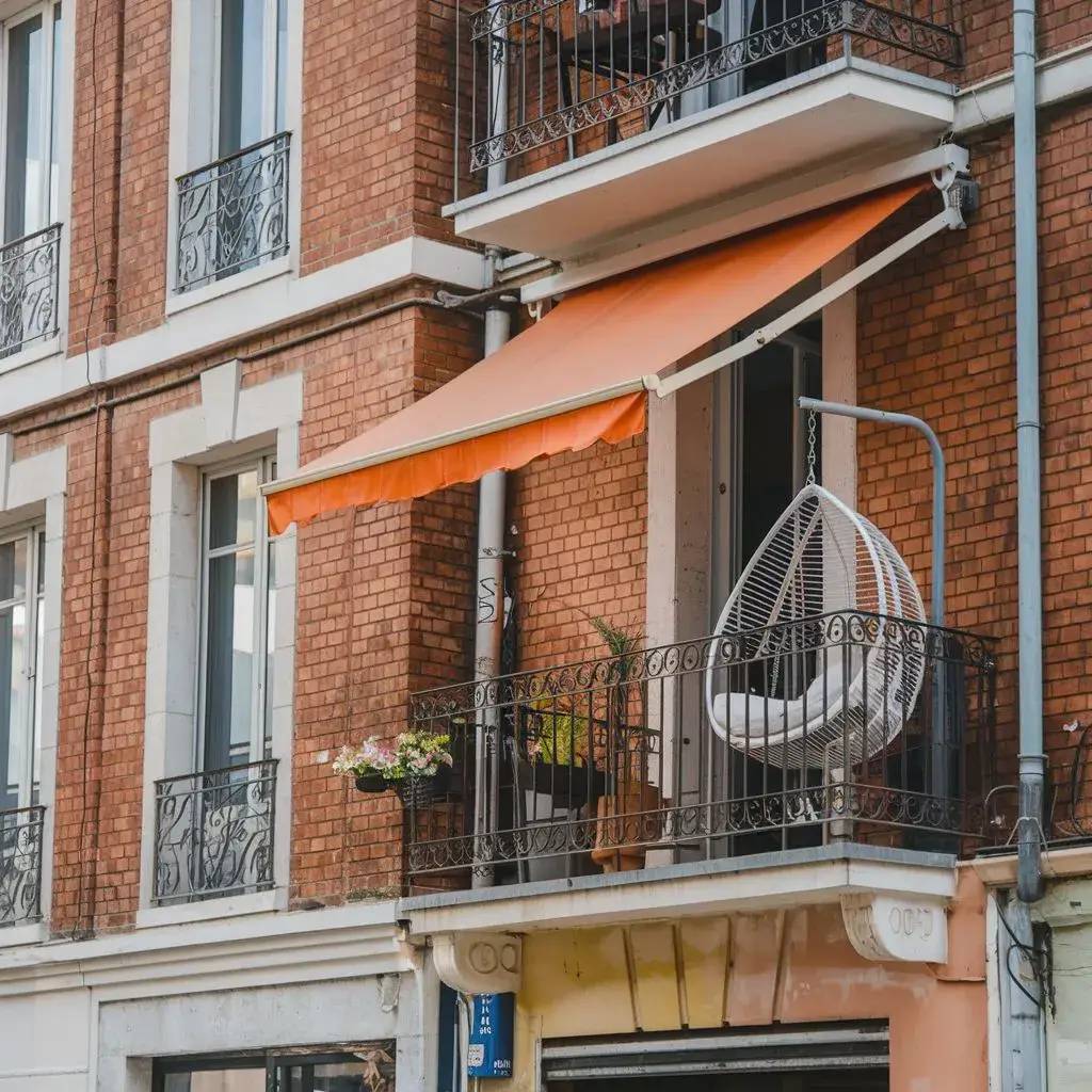 Une charmante façade d'immeuble en briques rouges avec un balcon agrémenté d'une chaise suspendue blanche et d'un store orange.