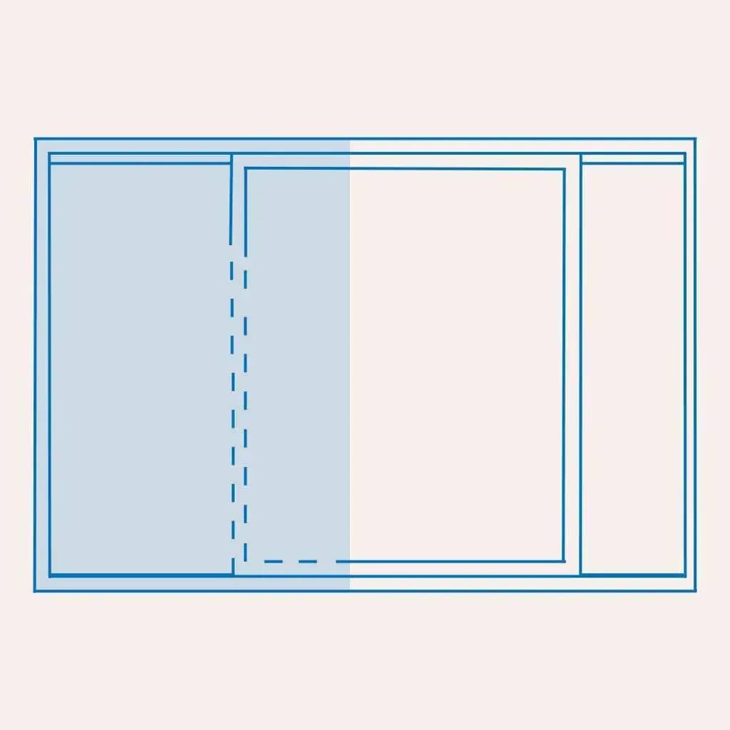 Plan schématique d'une fenêtre coulissante avec un volet distinct, illustrant le mécanisme de glissement vers la gauche.