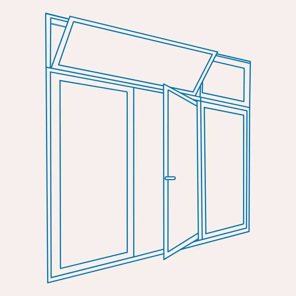 Un dessin en ligne bleu représentant une fenêtre composée de plusieurs panneaux, avec une section centrale ouverte.