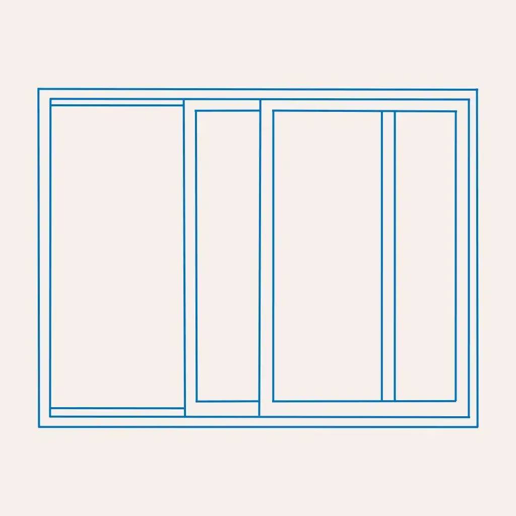 Un dessin au trait bleu d'une fenêtre coulissante à trois battants sur fond beige.