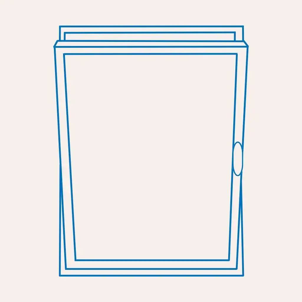 Une simple illustration en lignes bleues montrant un cadre de fenêtre incliné vers l'intérieur.
