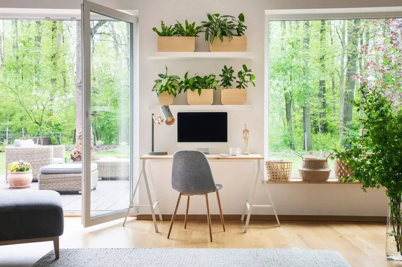 Un bureau lumineux et moderne avec des plantes vertes, donnant sur un jardin à travers de grandes fenêtres.