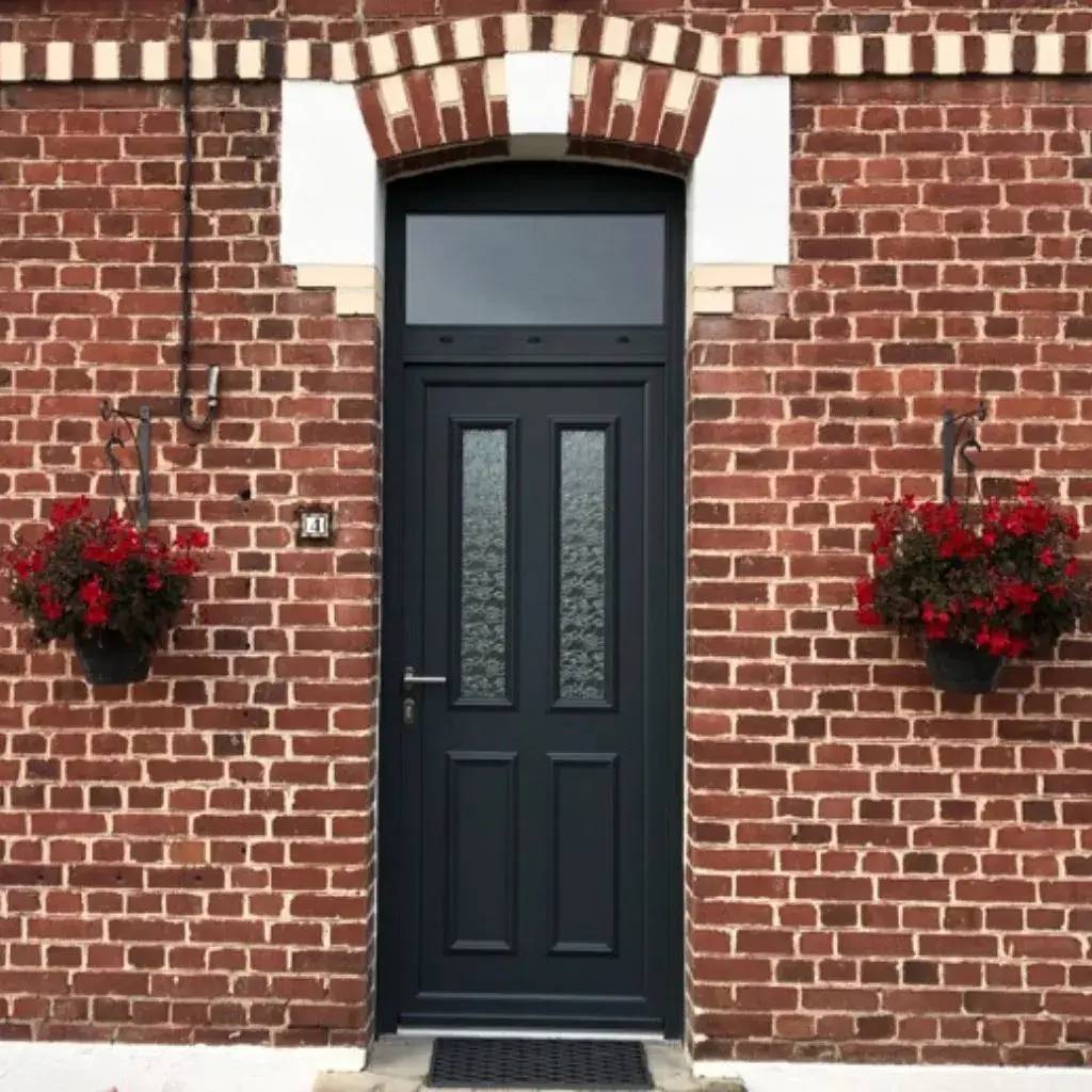 Une porte noire élégante est encadrée de briques rouges avec des fleurs suspendues de chaque côté.