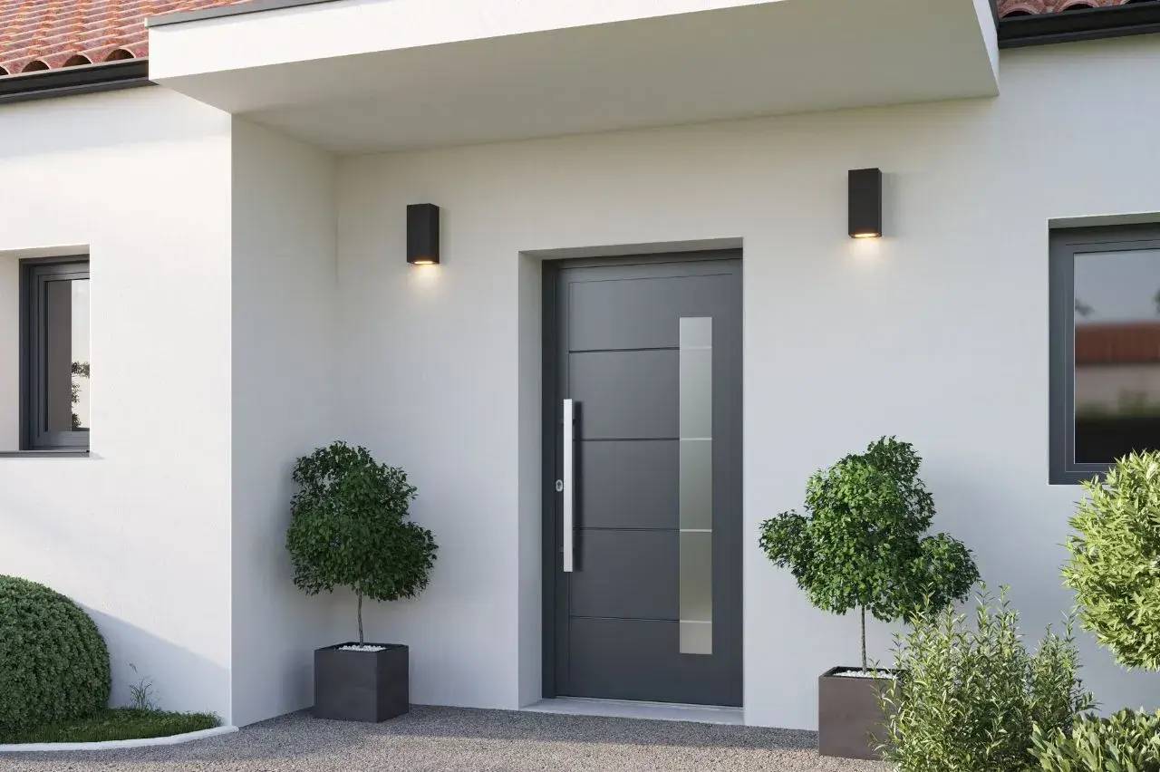 Entrée moderne avec une porte grise élégante entourée de plantes en pots et de luminaires muraux.