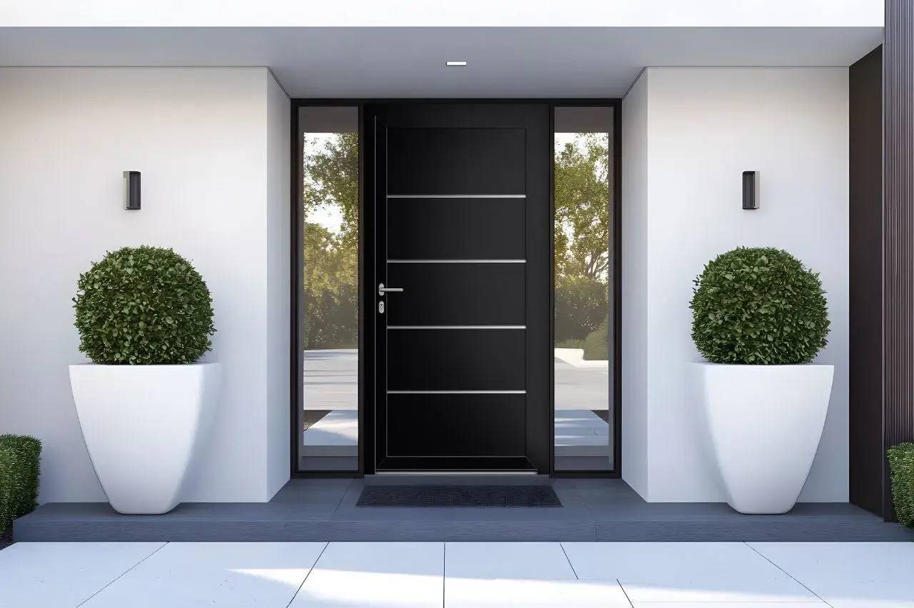 Entrée moderne avec une porte noire élégante flanquée de deux grandes jardinières blanches contenant des arbustes taillés.