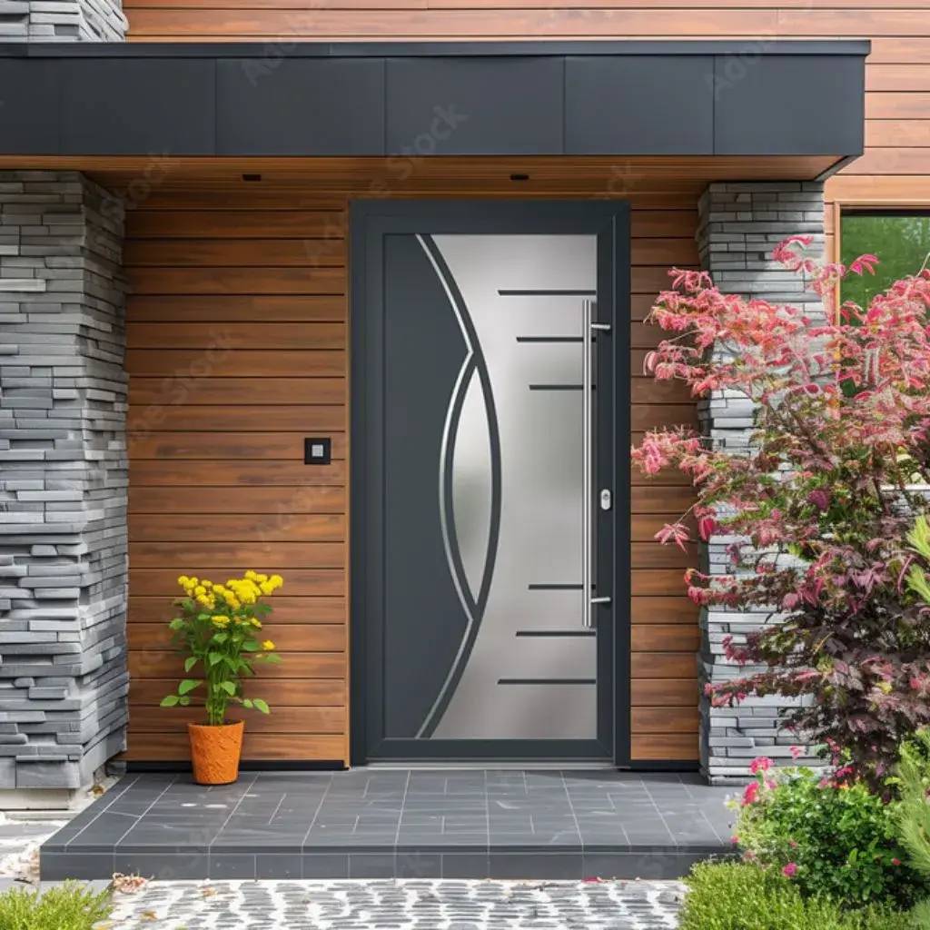 Une porte d'entrée moderne en métal avec un motif élégant, encadrée par des murs en pierre grise et en bois, entourée de plantes
