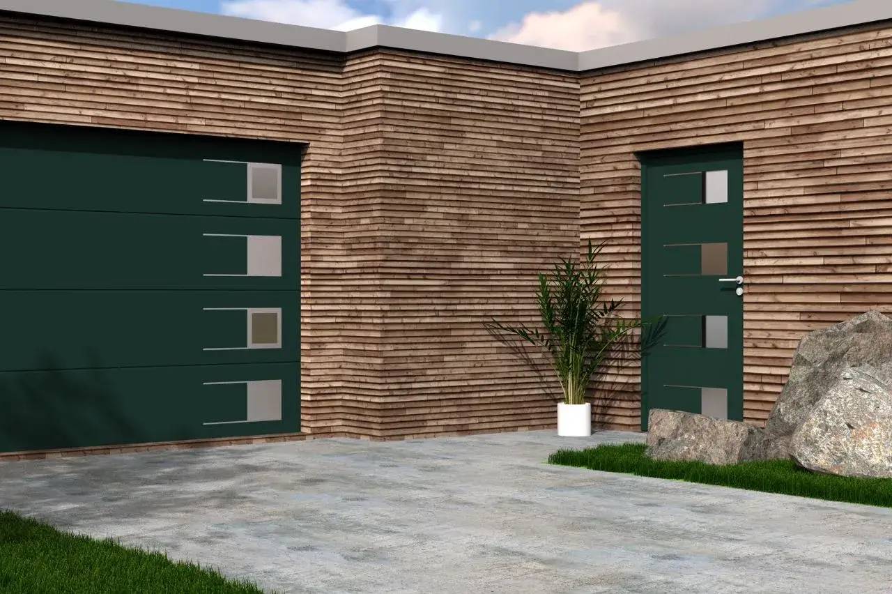 Une façade moderne en bois avec des portes vert foncé et des touches de nature, incluant des plantes et des rochers, sur un sol en