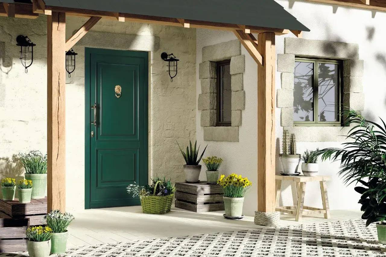 Une entrée de maison accueillante avec une porte verte, entourée de plantes en pot et de détails en bois.