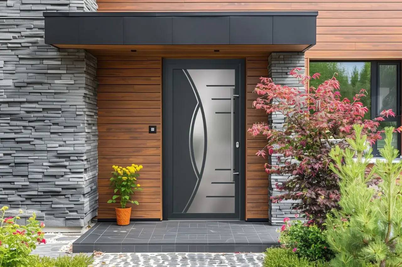 Porte d'entrée moderne et élégante, entourée de murs en bois et pierre, avec des plantes décoratives.