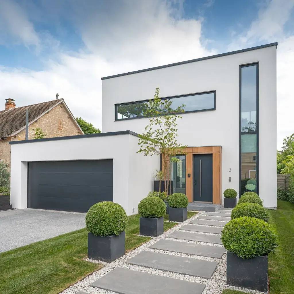 Une maison moderne avec une façade blanche épurée, des lignes minimalistes, et un chemin bordé de plantes taillées.