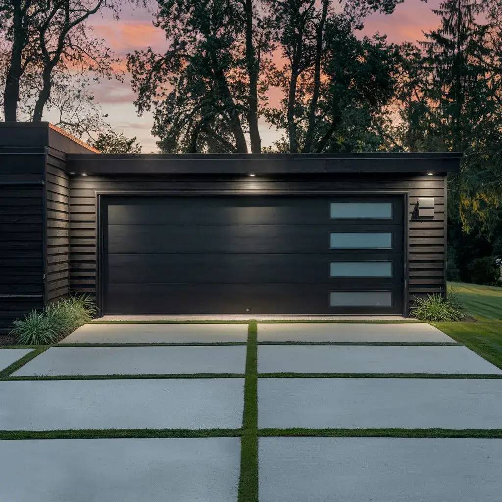 Une élégante façade de garage moderne, encadrée de panneaux noirs et illuminée par un éclairage subtil au crépuscule, avec une entrée