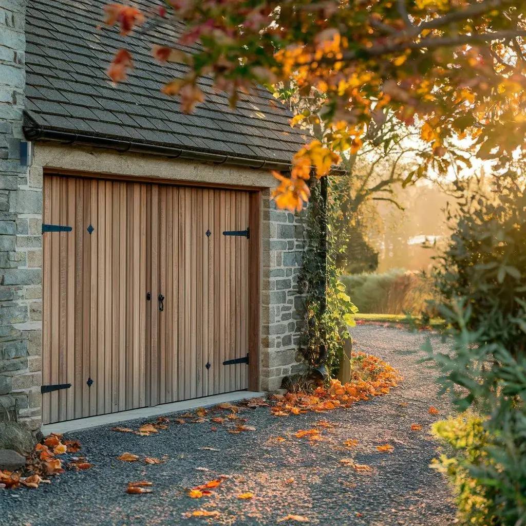 Un garage en bois avec une porte en bois encadrée de pierre, entouré de feuilles d'automne sous une douce lumière dorée.