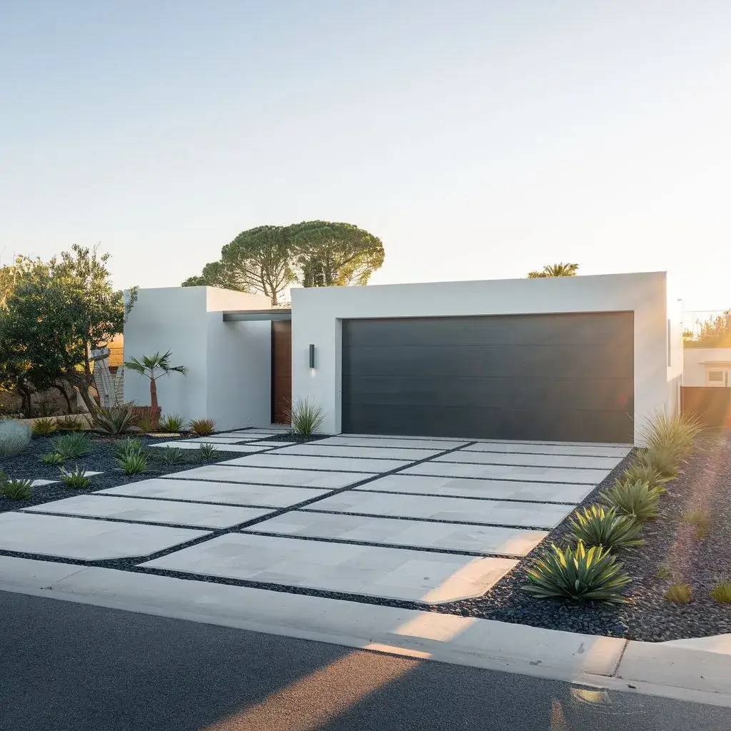 Une maison moderne au design minimaliste avec une façade blanche et un jardin aménagé, éclairée par la lumière du crépuscule.