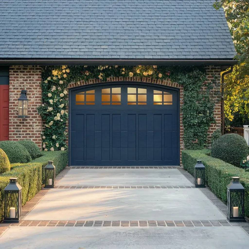 Une élégante porte de garage bleue, entourée de briques rouges et de verdure, avec des lanternes décoratives sur le chemin d