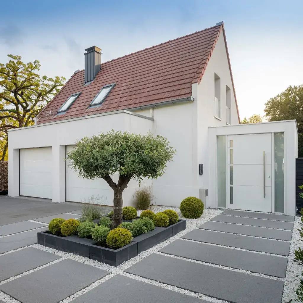 Maison moderne avec façade blanche, toit en tuiles rouges et jardin minimaliste aménagé avec des plantes taillées et allées en pierre.