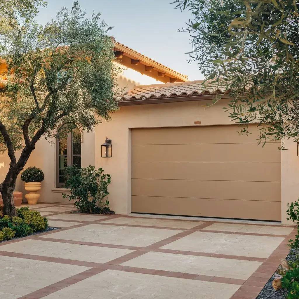 Allée pavée spacieuse bordée de verdure, menant à un garage au design moderne avec une porte beige.