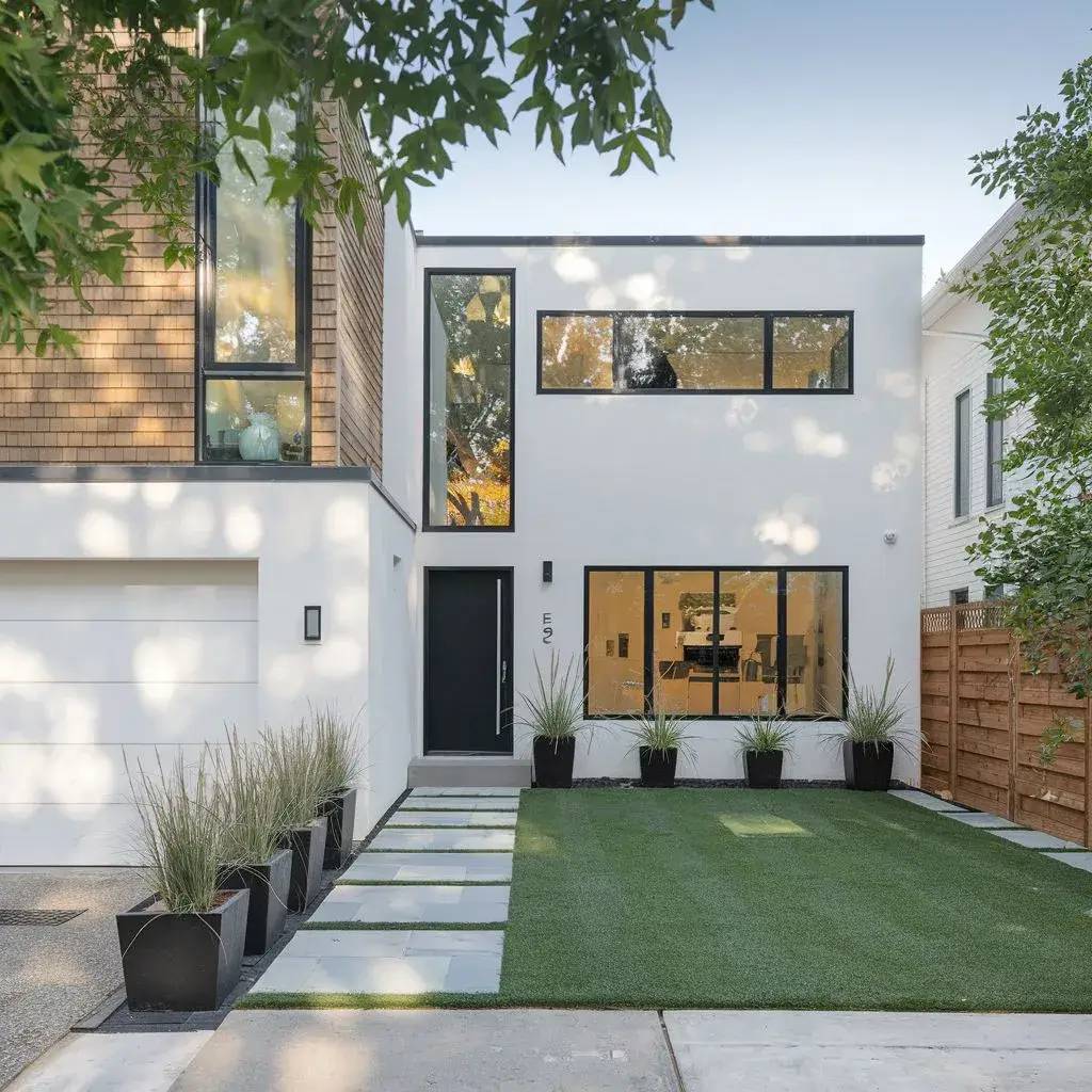 Maison moderne à deux étages avec une façade blanche, de grandes fenêtres et un jardin soigné à l'avant.