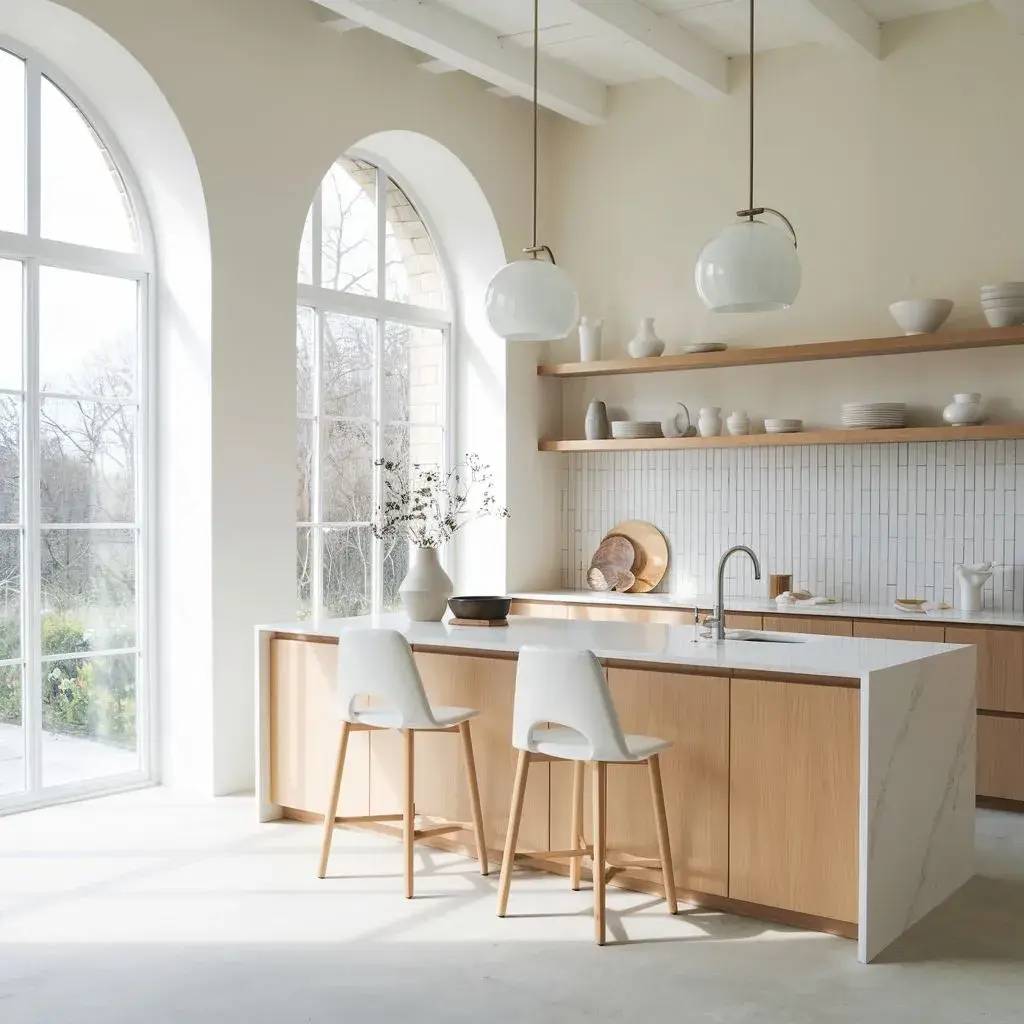 Une cuisine moderne et lumineuse avec de hauts plafonds, des étagères en bois et un îlot central en marbre, baignée par