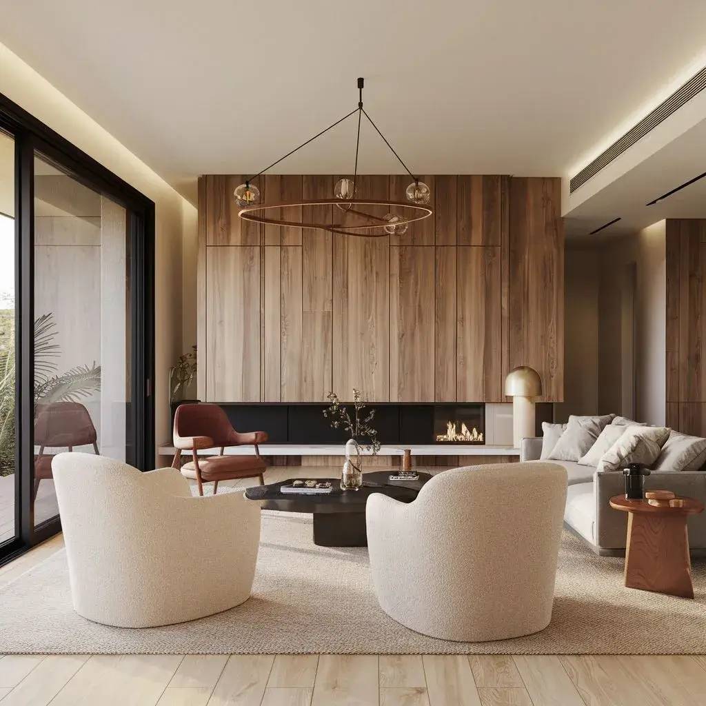 Un salon moderne et épuré avec un mobilier élégant, des tons neutres et une cheminée intégrée dans un mur en bois.