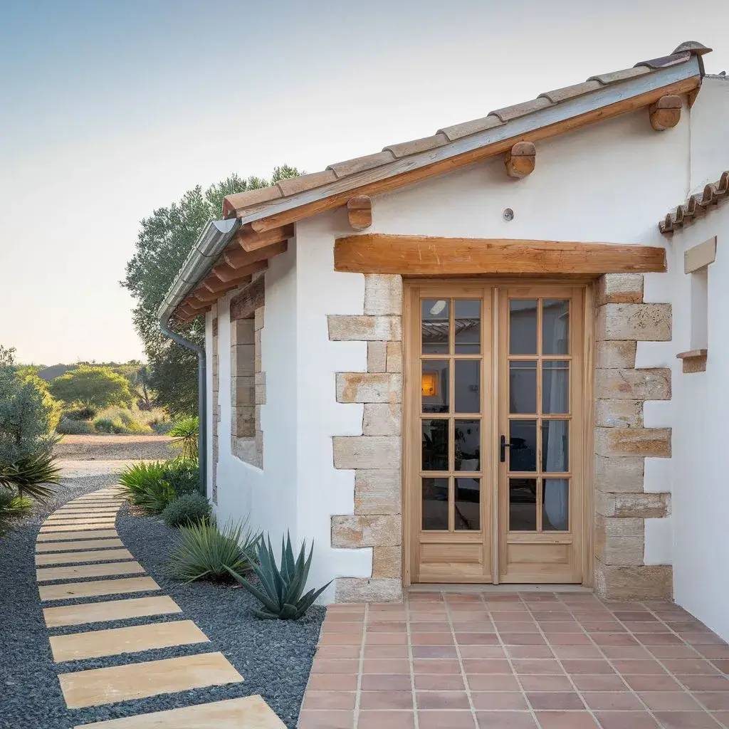 Cette image montre une maison méditerranéenne blanche avec une entrée en bois et un chemin de dalles entouré de plantes succulentes.