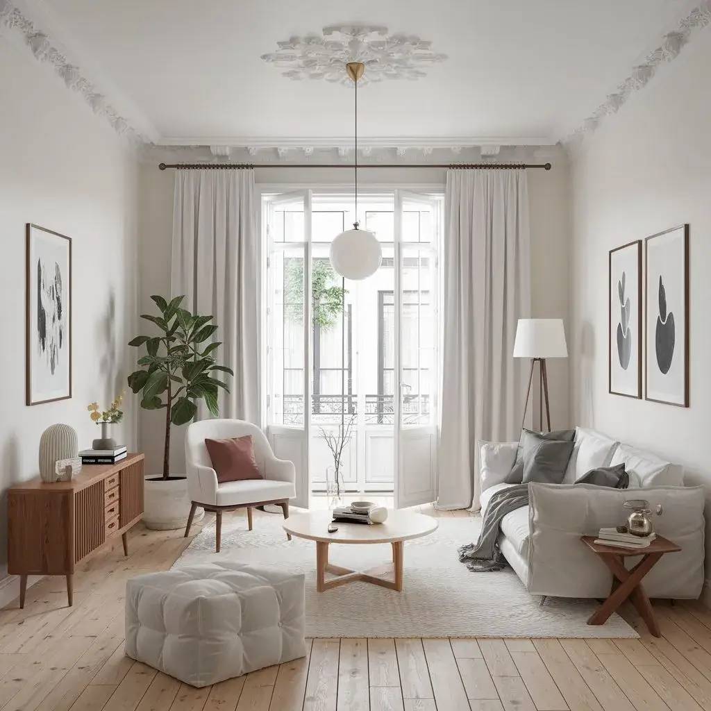 Cette image montre un salon lumineux et élégant avec un canapé blanc, des meubles en bois clair et une grande fenêtre encadrée de rideaux blancs.