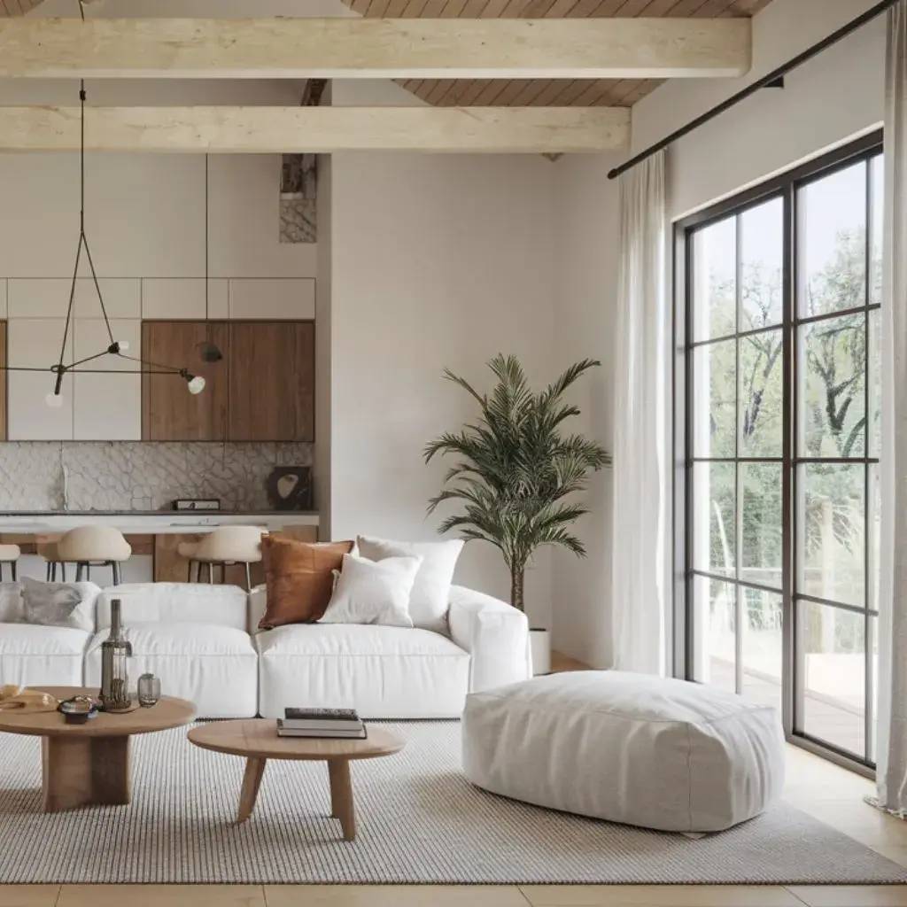 Une pièce lumineuse et moderne avec un canapé blanc, des meubles en bois et une grande baie vitrée.