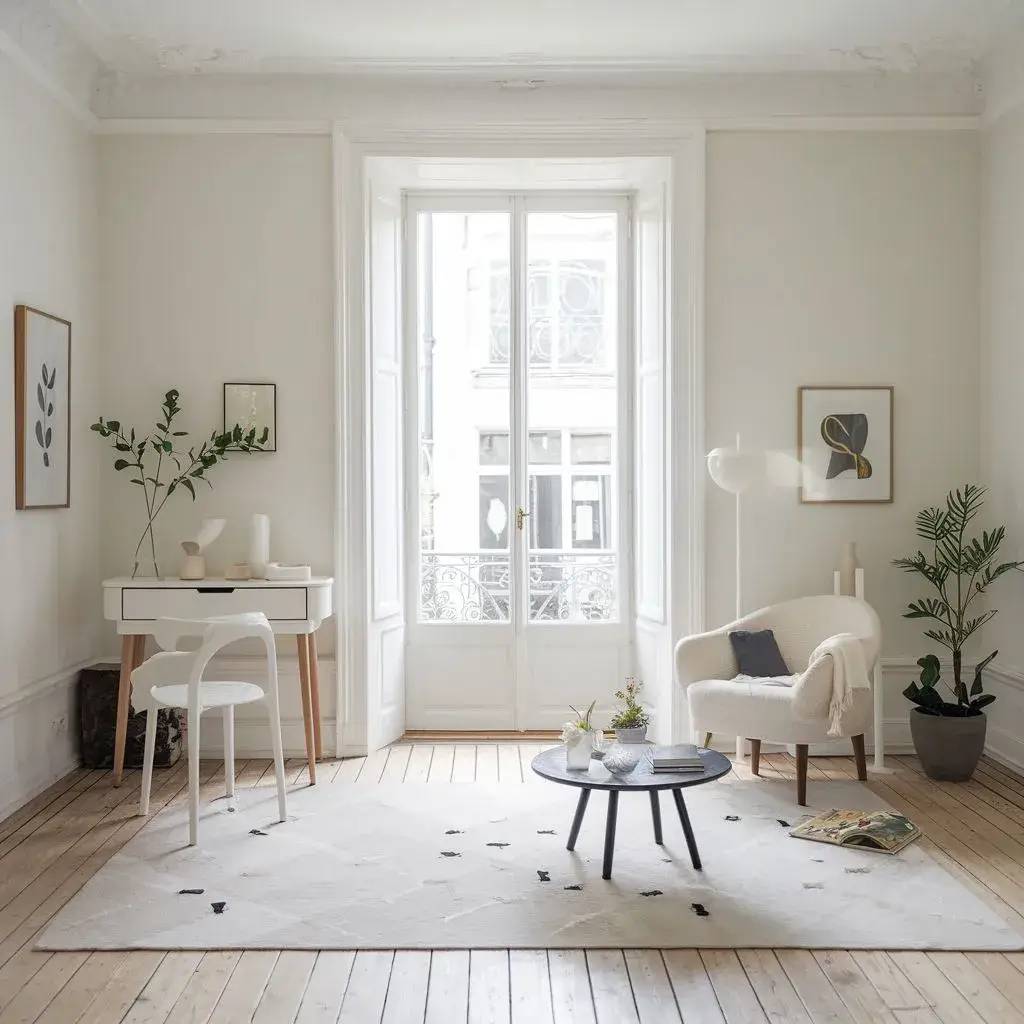 Un salon minimaliste et lumineux avec des meubles blancs, des touches de décor vertes et un grand tapis clair, baigné de lumière naturelle.