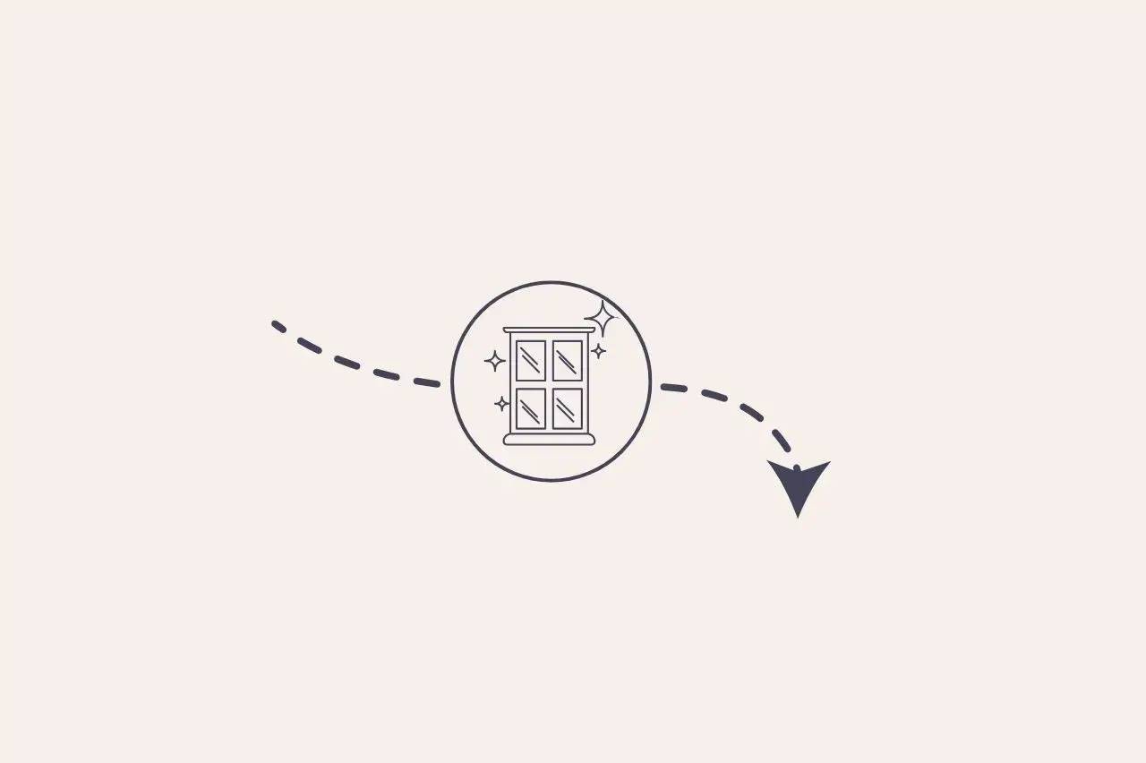 Une image minimaliste montrant une illustration de fenêtre propre avec une flèche directionnelle en pointillés.