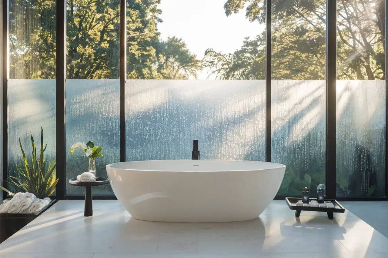 Une baignoire élégante est placée devant de grandes fenêtres donnant sur un paysage verdoyant, avec des plantes et des accessoires de bain posés à