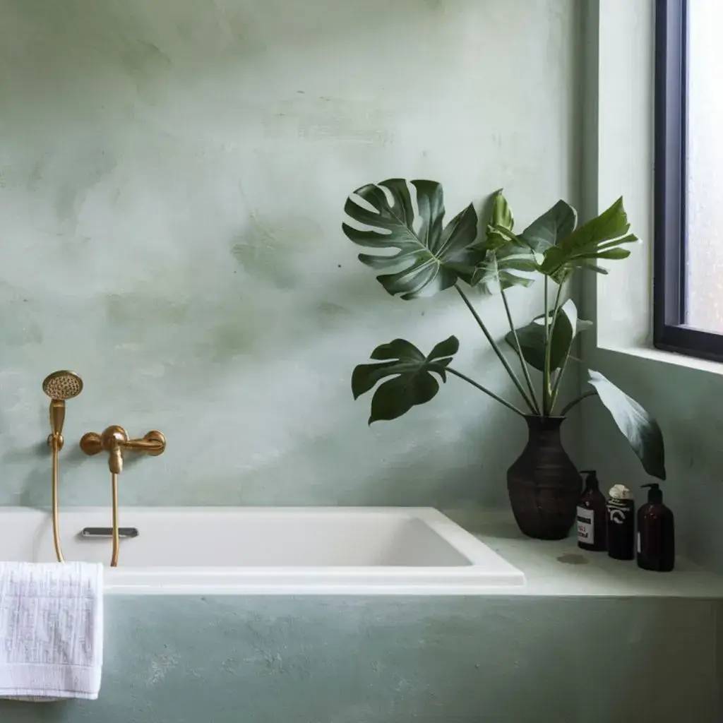 Salle de bain moderne et apaisante avec une baignoire blanche, robinetterie dorée et plante verte en vase.