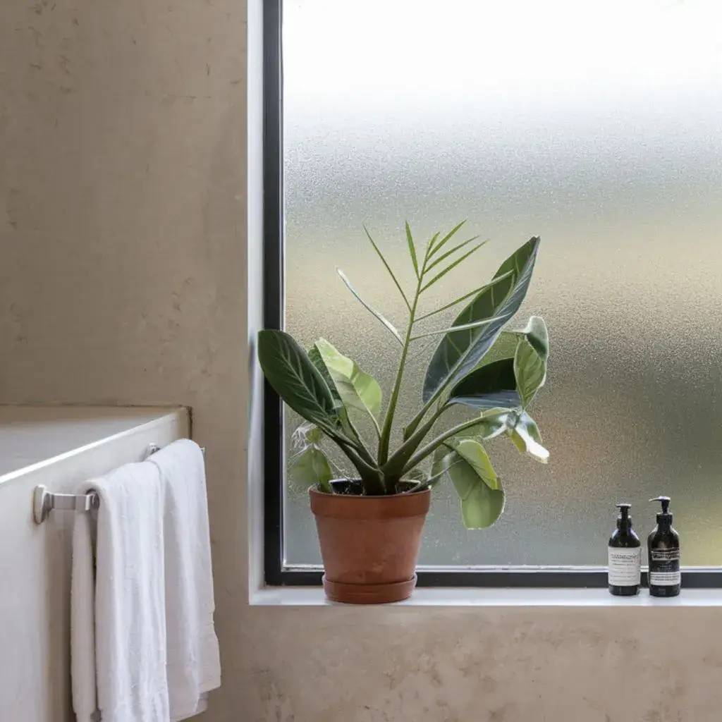 Une plante en pot est posée sur le rebord d'une fenêtre de salle de bain, accompagnée de flacons de produits liquide, apportant