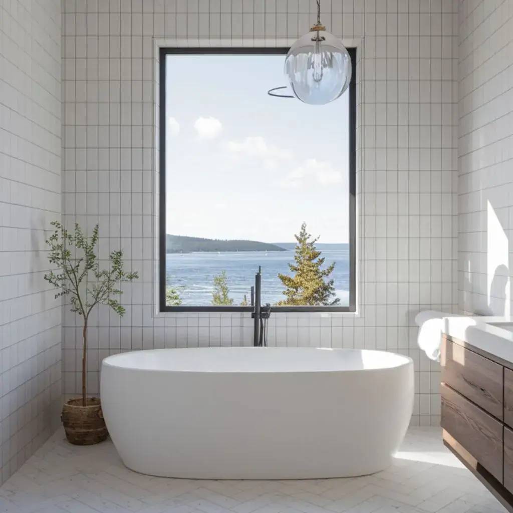 Une salle de bain moderne et lumineuse avec une baignoire blanche devant une grande fenêtre offrant une vue sur l'océan.
