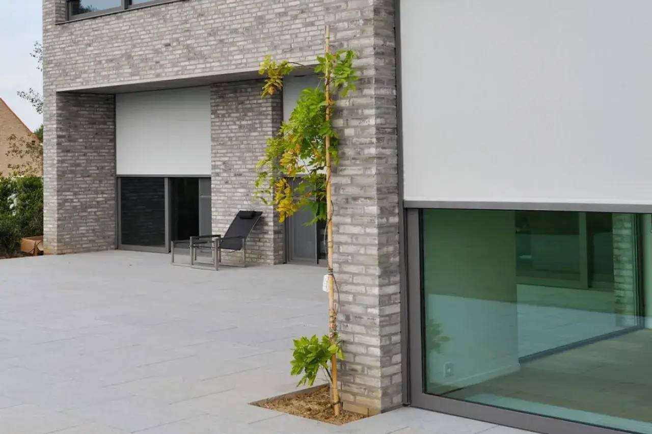 Une terrasse moderne en béton avec un mur en brique, un transat noir et un jeune arbre planté sur le côté.