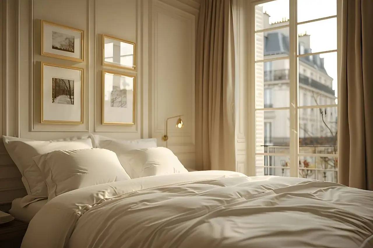 Une chambre lumineuse et élégante avec un lit douillet et des fenêtres donnant sur des bâtiments parisiens.