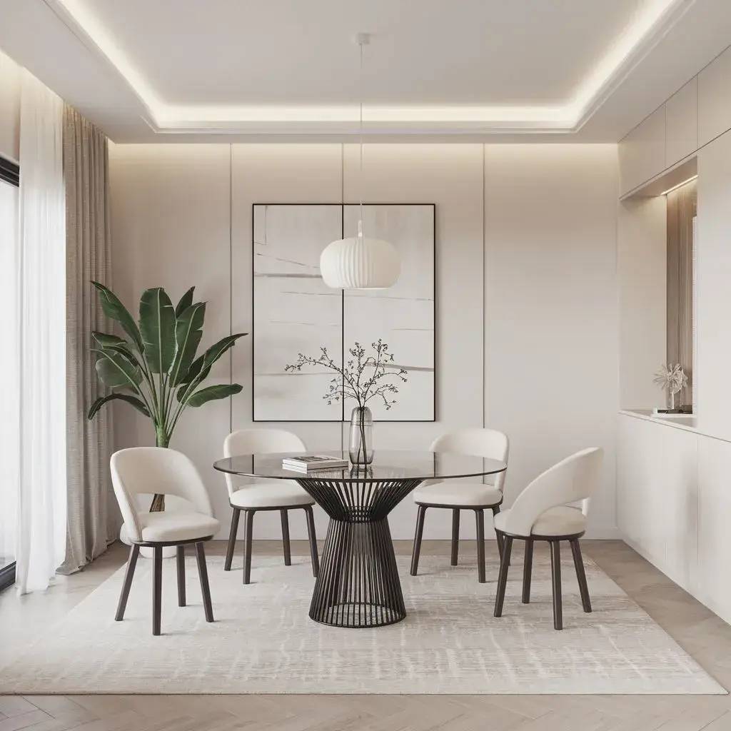 Une salle à manger moderne et épurée avec une table en verre, des chaises élégantes, un grand tableau abstrait et une plante verte en